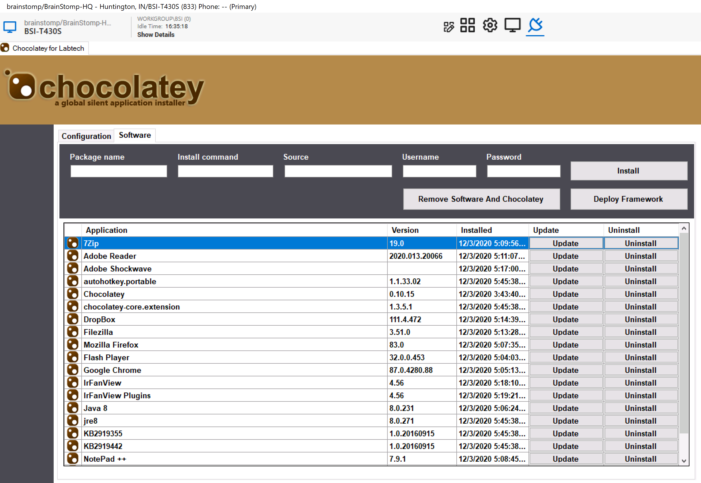 Test system Chocolatey plugin screen. See how there are applications installed that are not part of the auto install.