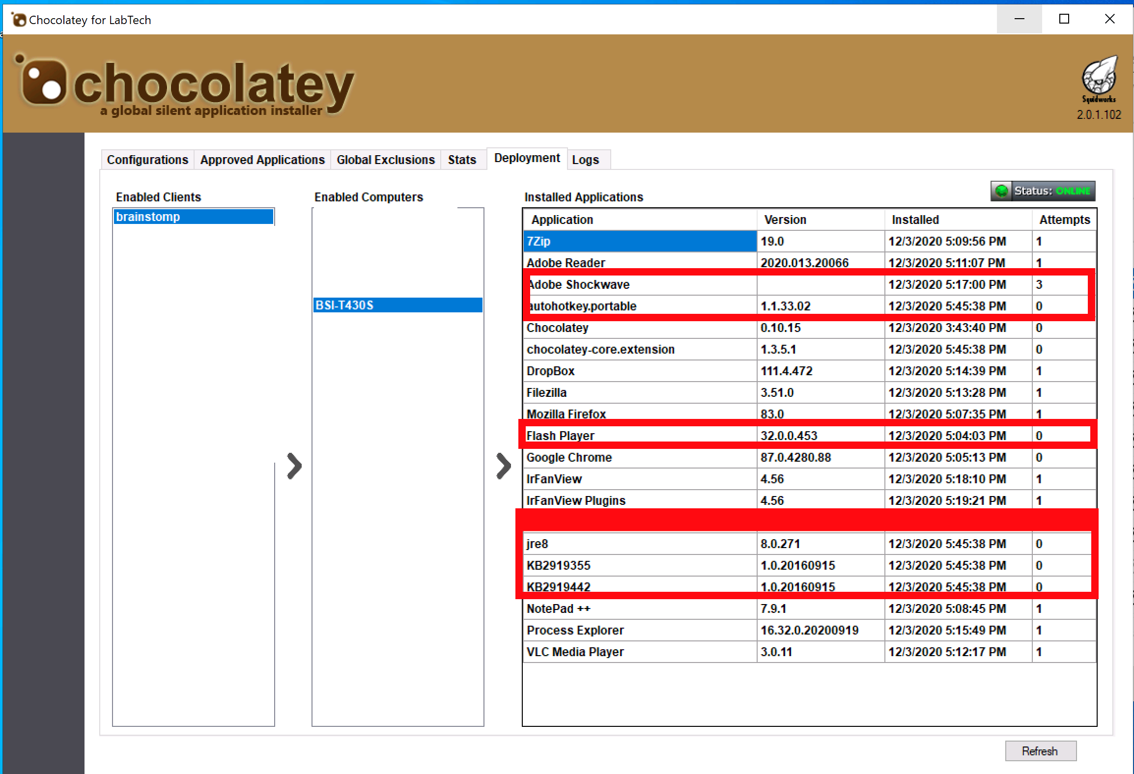 Chocolatey Main Screen showing stuff deployed to test system. Everything in red was initially setup as No Auto Install